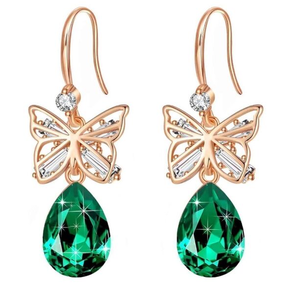 14K Rose Gold with Emerald Green Austrian Crystal Butterfly Teardrop Earrings